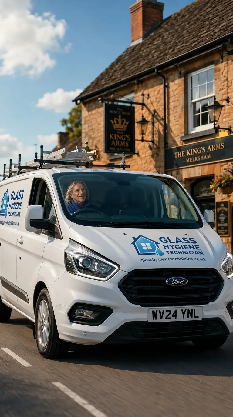Illustrative brand photo of the Glass Hygiene Technician van out on a round near the King’s Arms pub
