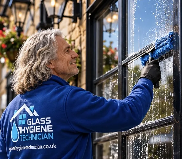 Illustrative brand photo of Mark cleaning pub windows in Glass Hygiene Technician clothing