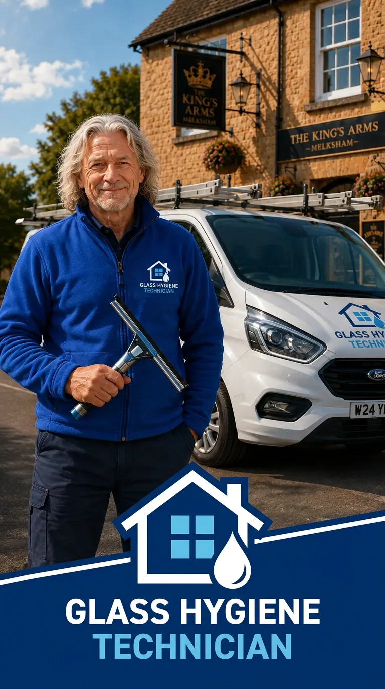 Illustrative brand photo of Mark in Glass Hygiene Technician clothing holding a squeegee beside the van