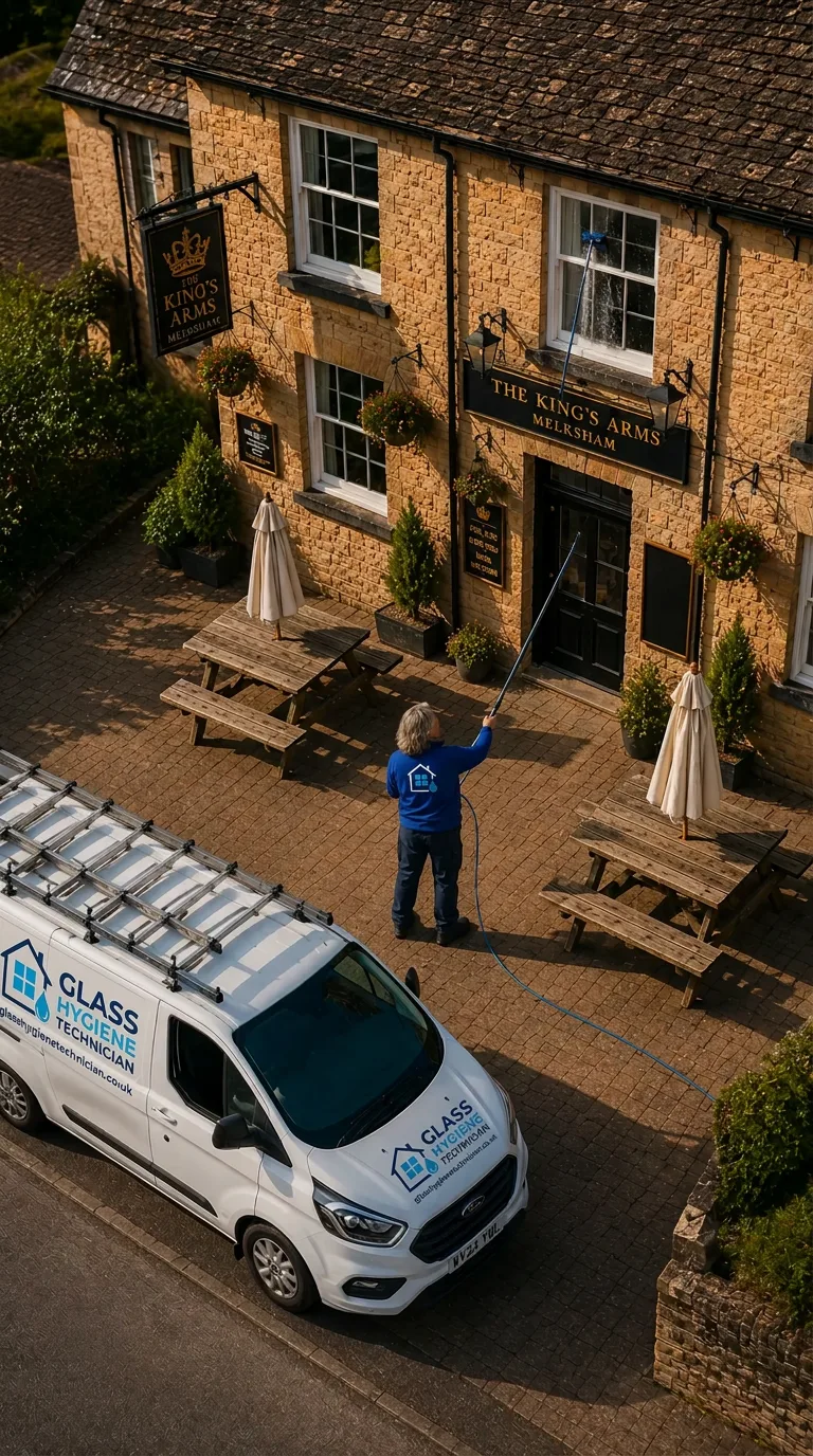 Illustrative brand photo of Mark pole-cleaning the windows of the King’s Arms pub, Glass Hygiene Technician van below