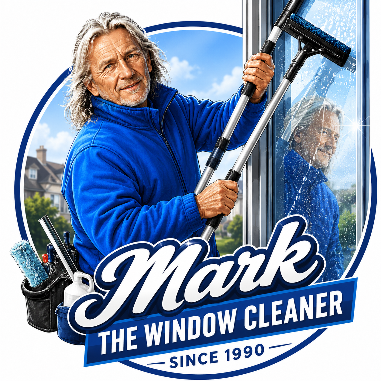 Friendly Mark The Window Cleaner mascot cleaning a window